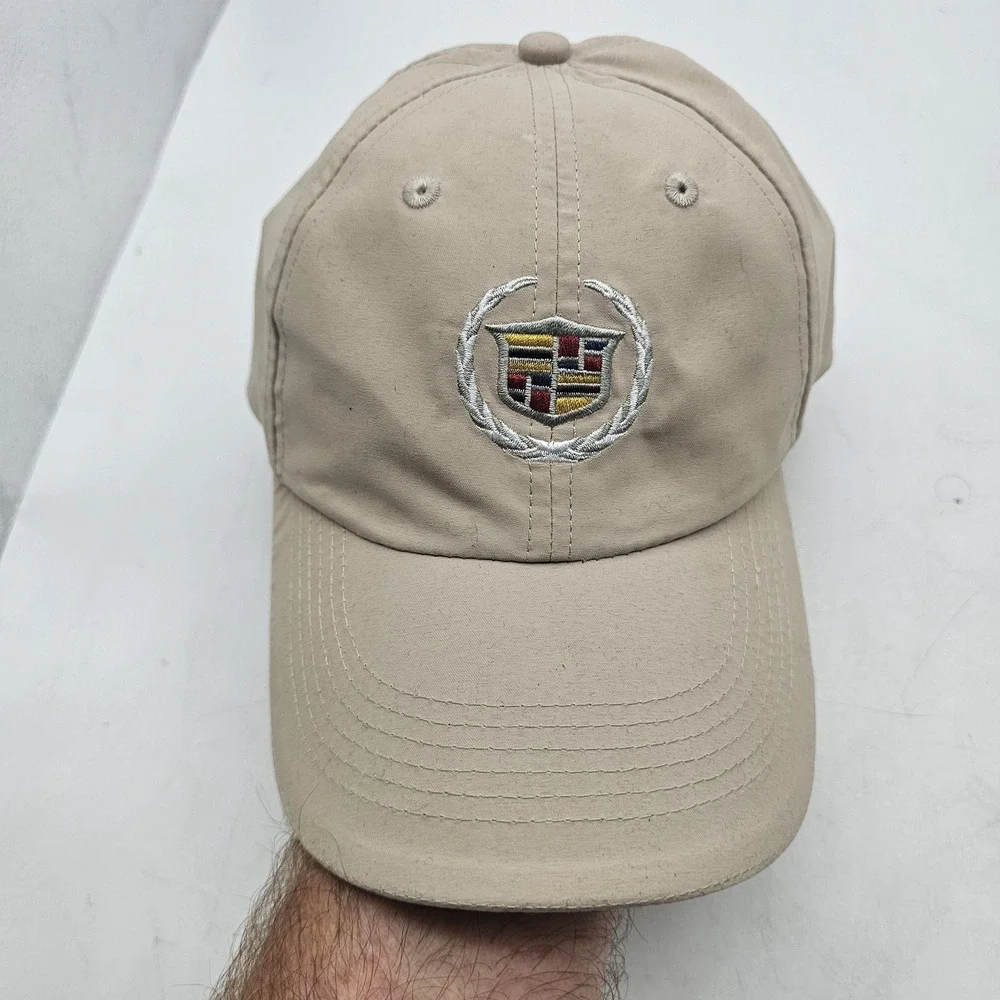 Cadillac Hat Cap Strap Back Mens One Size Beige Crest Logo Car Embroidered